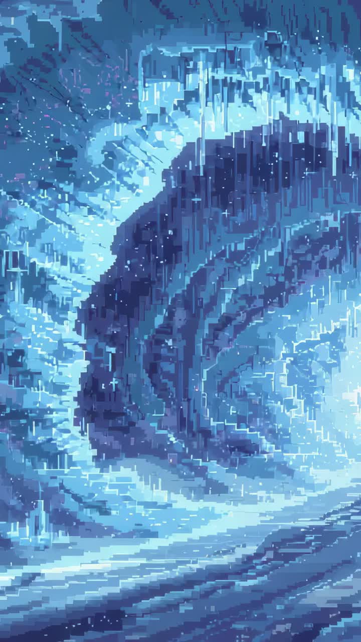 Vertical video: Camera pulling back, showing spiraling ice tunnel opening to night sky with icicles