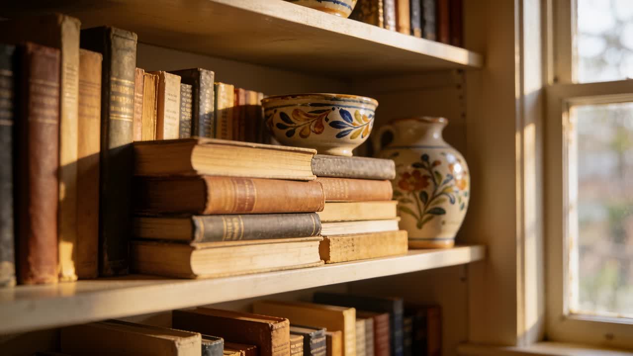 Pulling camera closer toward window at reading nook, showing stacked vintage books and ceramic bowl