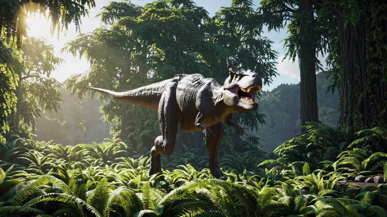 A cinematic video scene of a T-Rex in a lush jungle, captured from a low-angle, emphasizing its size