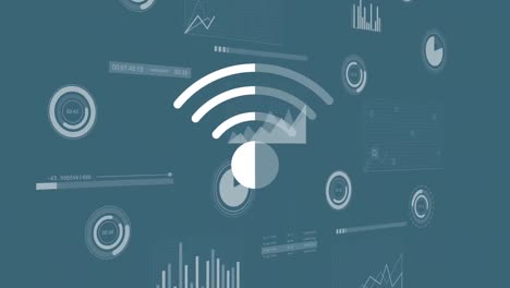 animation of wifi icon over scope scanning and data processing on blue background