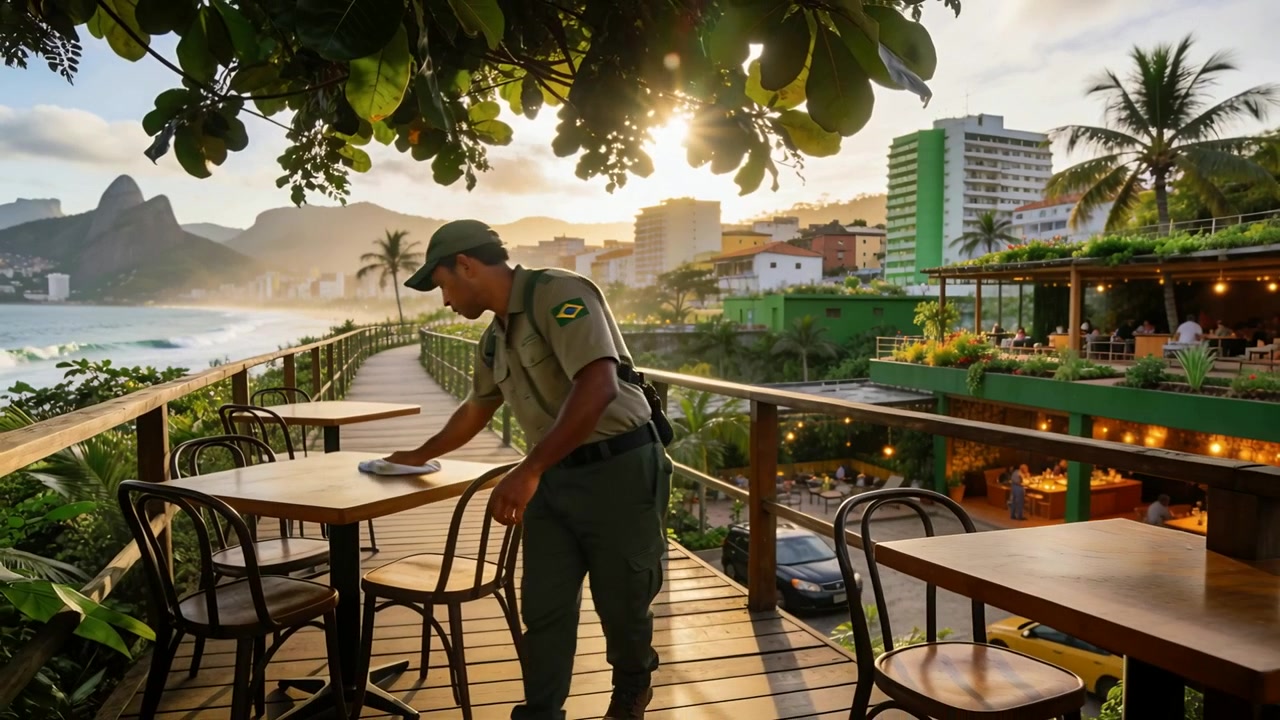 Placing cloth, uniformed staff in green cap wiping wooden table at seaside terrace