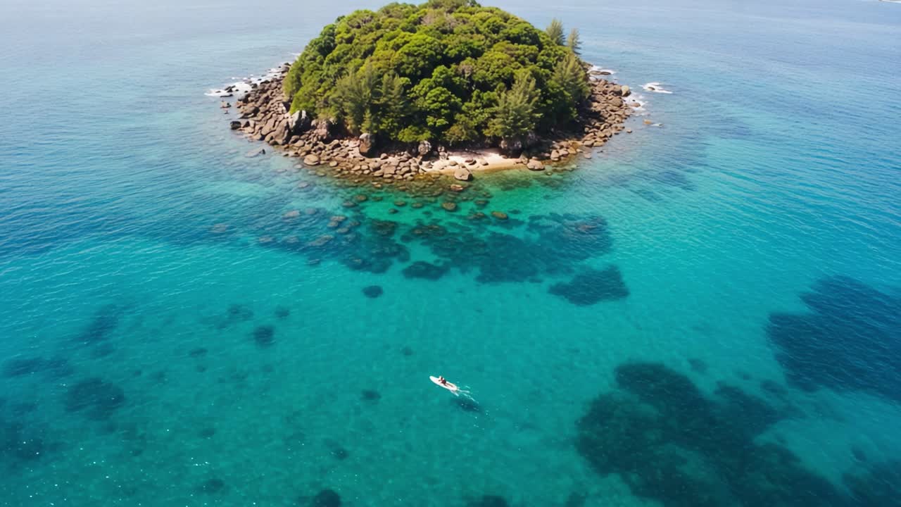 A serene aerial view of a tropical island surrounded by crystal-clear turquoise waters, showcasing vibrant underwater scenery and lush greenery under a bright sky