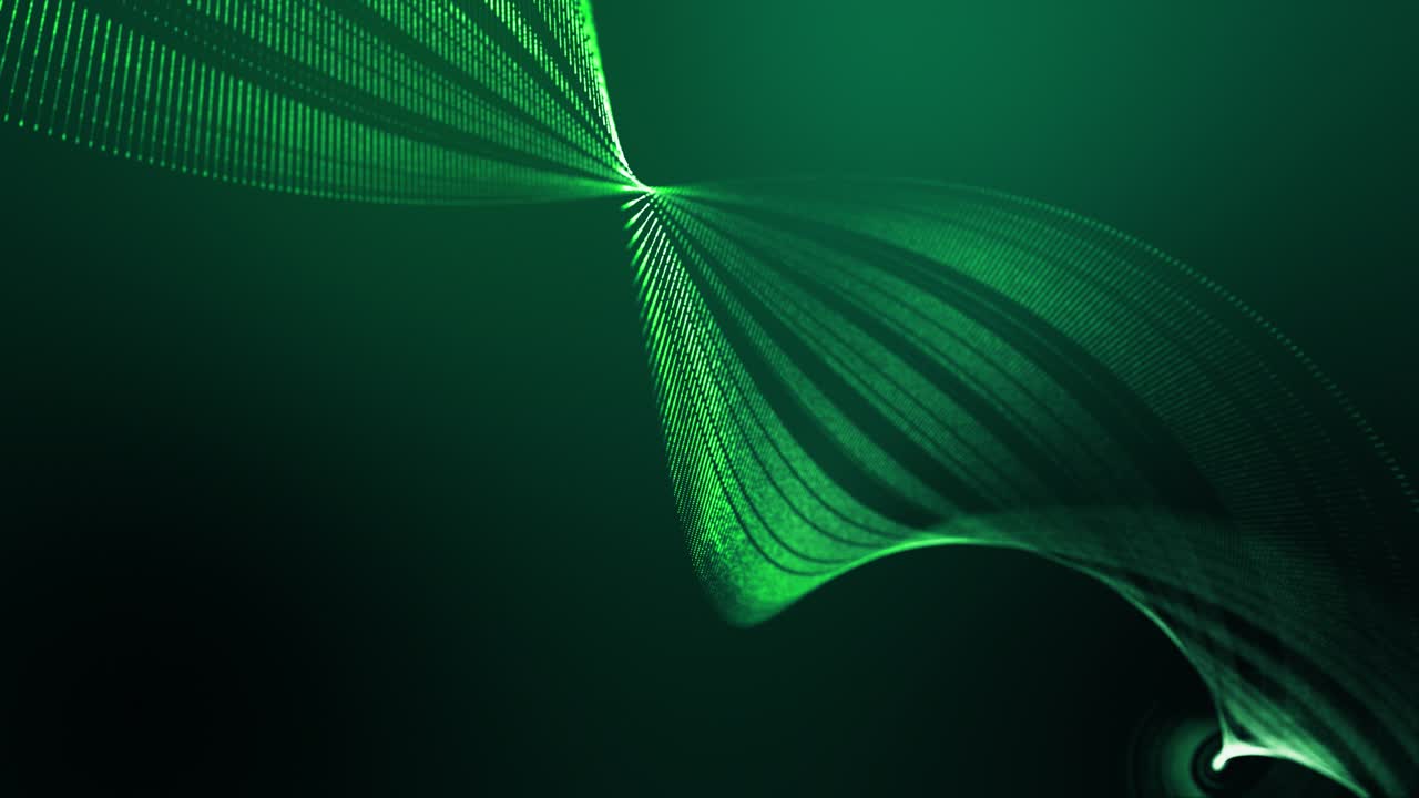 Sfondo verde astratto in loop 4K di particelle luminose che formano linee, superfici, strutture a spirale come paesaggio futuristico nel cyberspazio o ologramma. Tema fantascientifico con profondità di campo (DOF), effetti di luce e bokeh