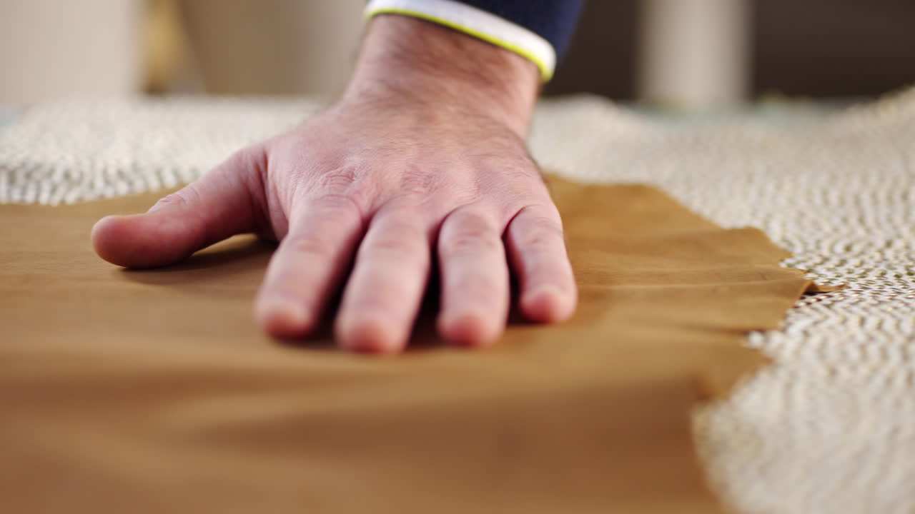 Close-up of a hand touching leather fabric