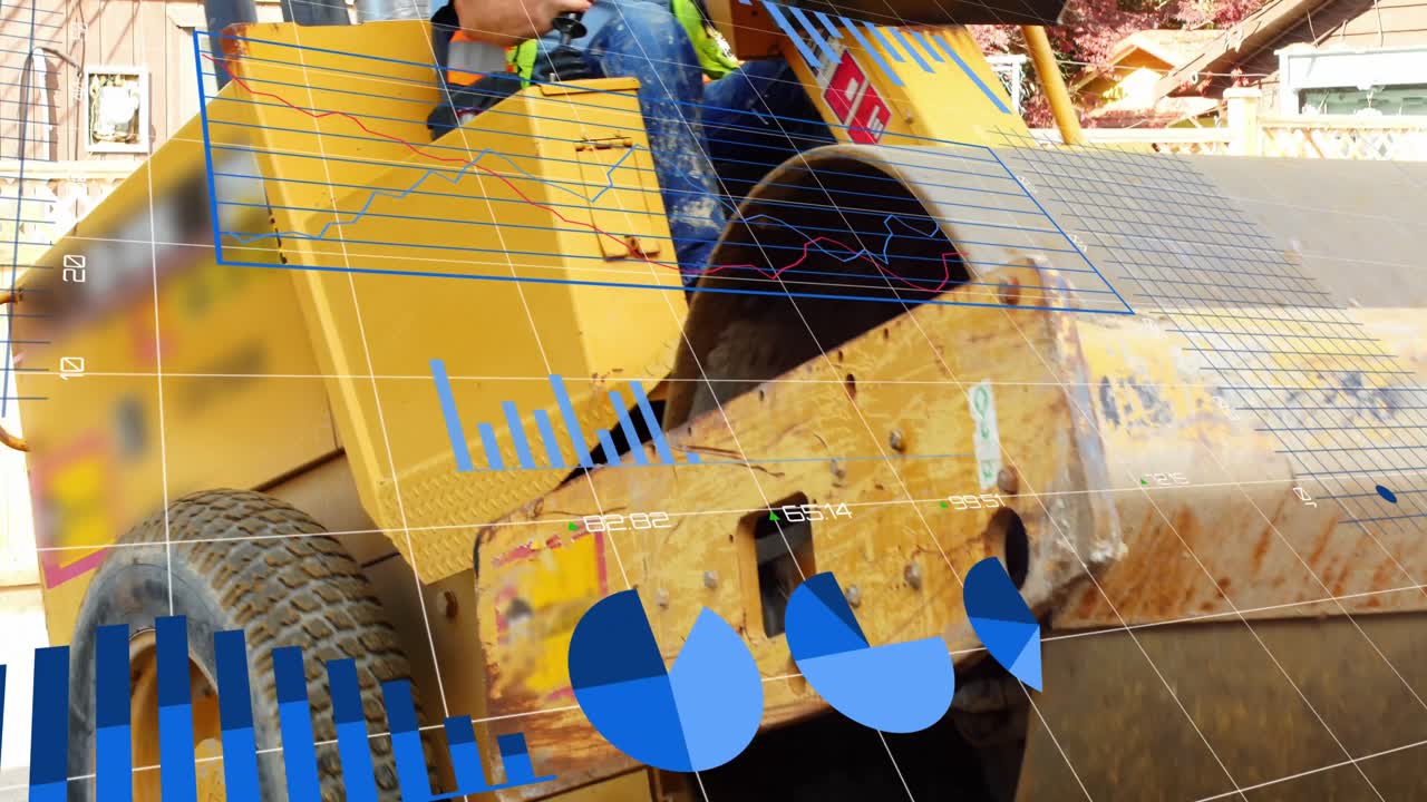 animación de gráficos y números cambiantes sobre el hombre caucásico nivelando el suelo usando rodillo de carretera.