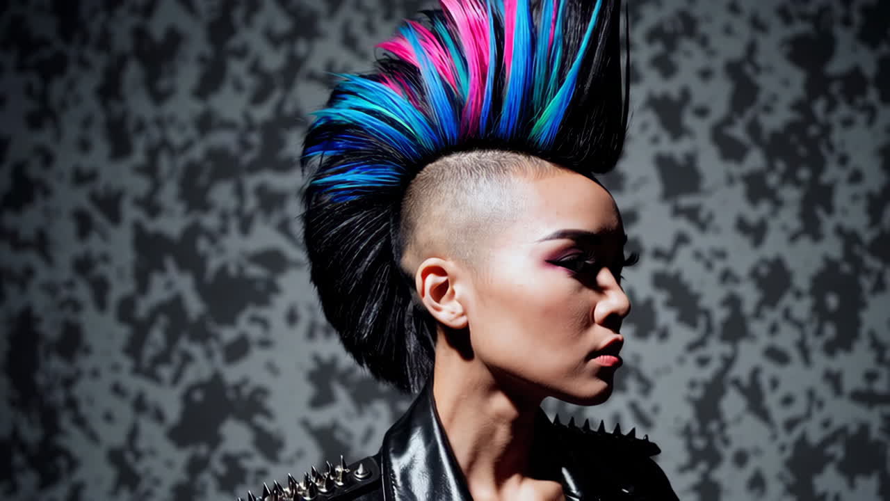 Woman with vibrant mohawk and leather jacket