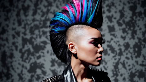 woman with vibrant mohawk and leather jacket