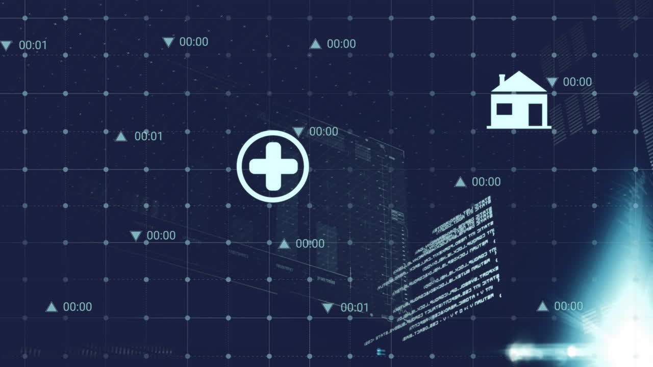 Animation of data processing with icons on black background