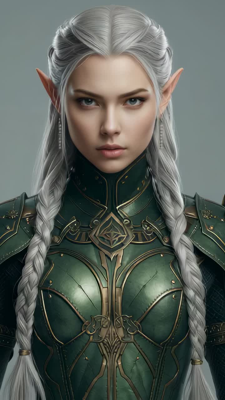 Vertical video: Lighting shifting elf in green armor posing in studio, particles drifting behind