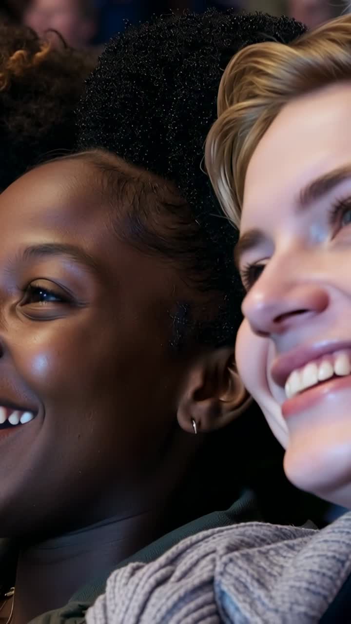 Vertical video: Smiling duo moving closer in hall reacting to show with hoop earring and sweater