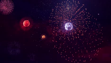 red big shiny fireworks with bokeh lights in the night sky loop animation background birthday