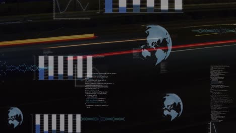 Animation-of-globes-and-financial-data-processing-over-cityscape