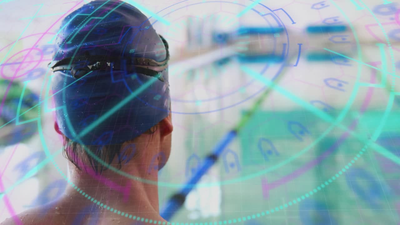 Male swimmer standing poolside activating sports tech overlay and turning head showing readiness
