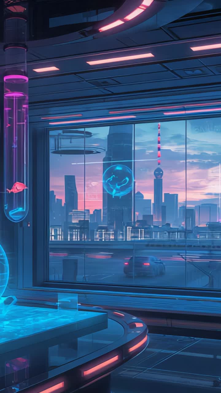 Vertical video: Pulsing holographic console table in lab, with fish tube and LED strips