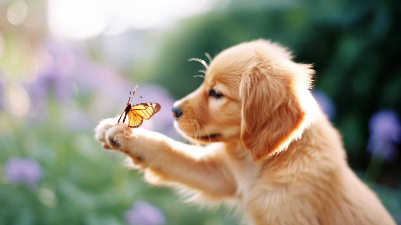 A close-up video captures a playful puppy reaching towards a butterfly, set against a blurred garden
