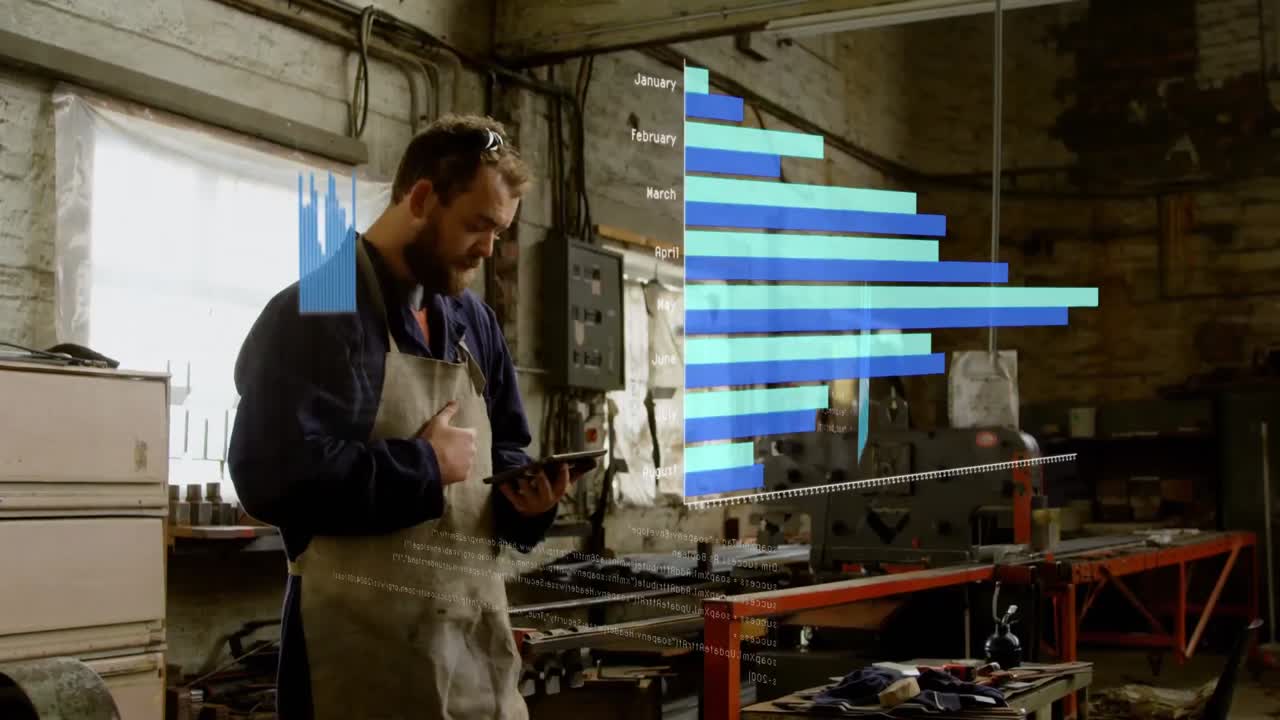 animación del procesamiento de datos sobre un trabajador caucásico usando una tableta