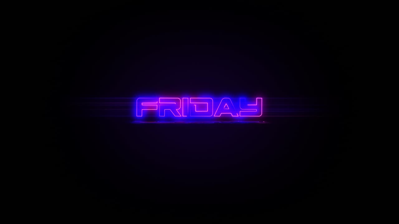 Insegna al neon lampeggiante FRIDAY blu elettrico e rosa, con sfarfallio, riflessi e luci anamorfiche in 4K.