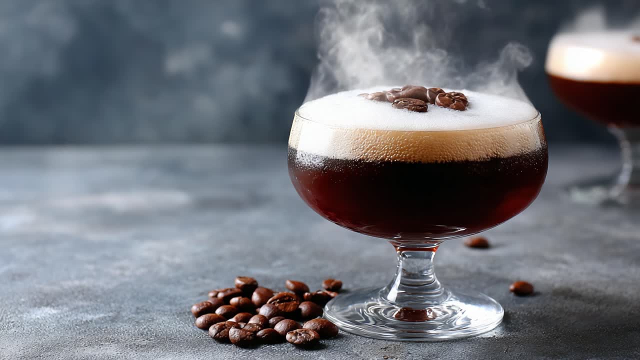 Aromatic Coffee Cocktail with Frothy Foam and Espresso Beans: A Captivating Beverage Experience Showcasing Depth and Richness in Every Sip