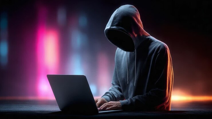 Una figura misteriosa con una felpa con cappuccio impegnata in attività informatiche mentre utilizza un laptop su uno sfondo colorato di luci al neon sfocate