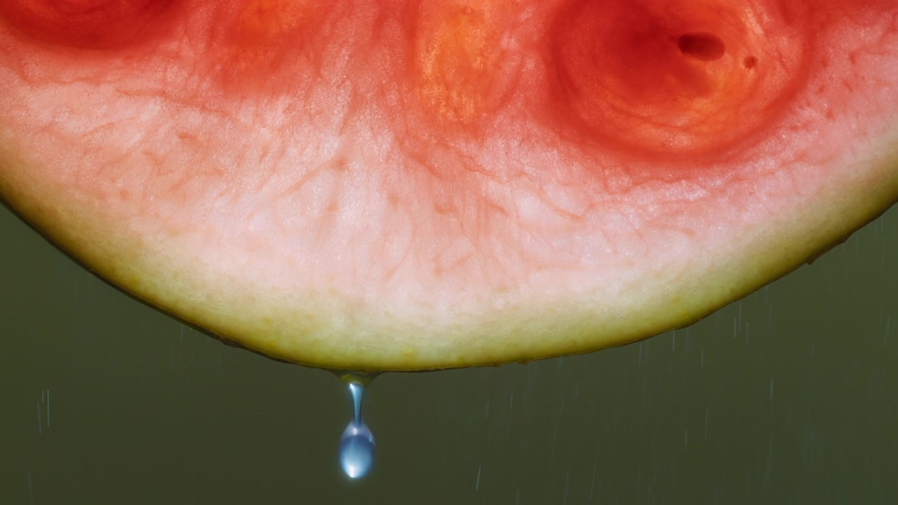 Gocce d'acqua che cadono da una fetta di anguria con spruzzi d'acqua sullo sfondo