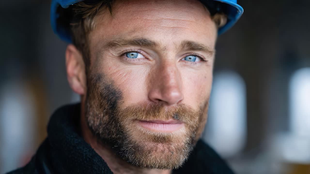 A Determined Worker in a Blue Hard Hat and Dark Jacket, Portraying Strength and Resilience Against a Subtle Industrial Background