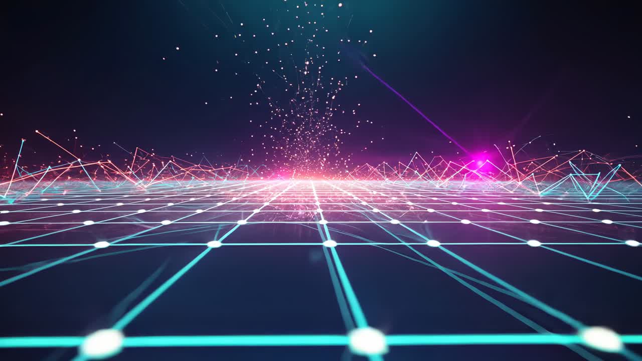 Particle stream launching from center horizon over grid floor, network peaks pulsing magenta