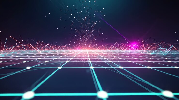 Flusso di particelle che si sprigiona dall'orizzonte centrale sopra un pavimento a griglia, picchi di rete che pulsano in magenta