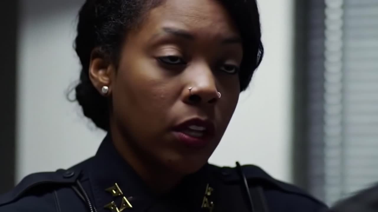 A police officer listens intently to a suspect during an investigation. The atmosphere is tense as both parties discuss important details in an enclosed room.