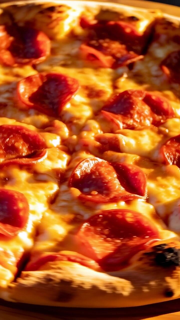 Video verticale: Telecamera che si allontana rivelando una pizza ai peperoni su una teglia da cucina, mostrando formaggio fuso.