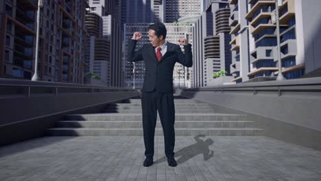 full body of asian business man smile and flex muscle in city