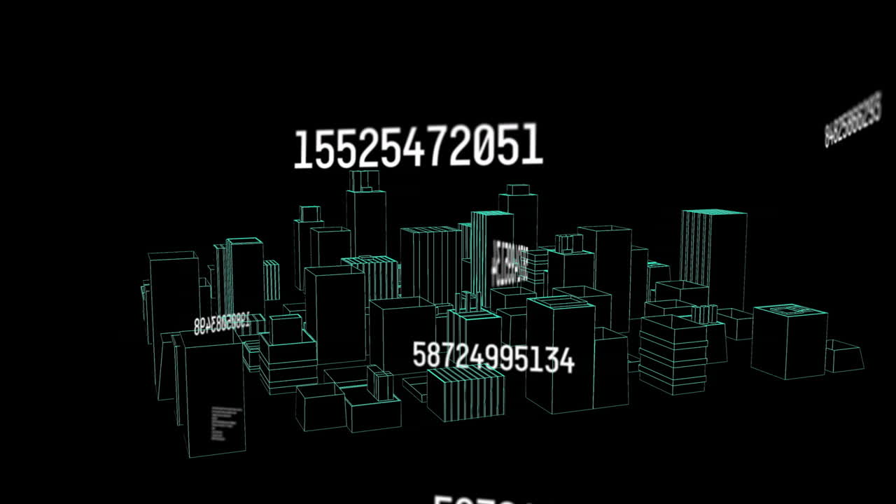 Animation of digital cityscape with floating numbers and data visualization