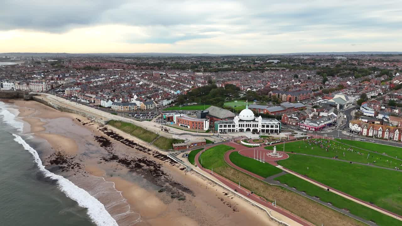 Drone aerial view Whitley bay beach seaside town in the North Tyneside borough of Tyne and Wear, England british city north east uk