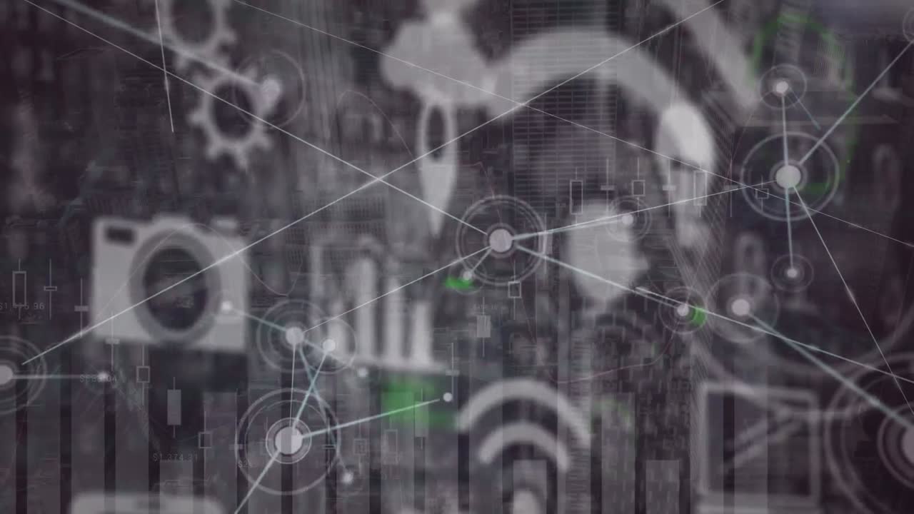 도시 풍경에 대한 연결 네트워크와 데이터 처리의 애니메이션