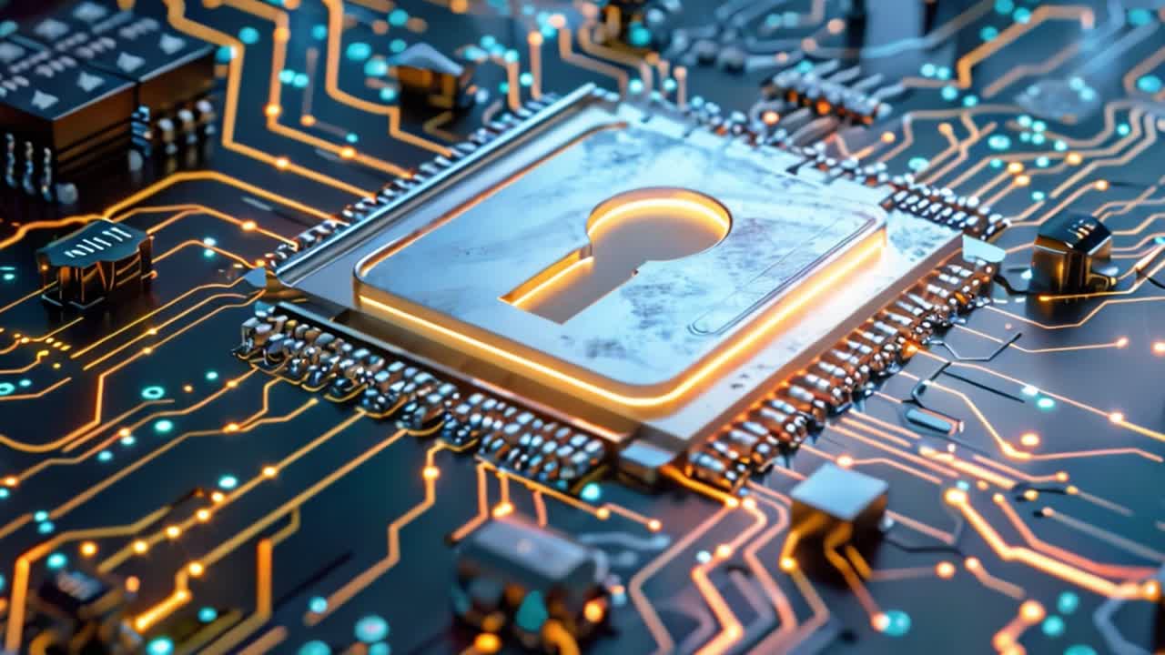 Cybersecurity Microchip with Keyhole Symbol on Circuit Board