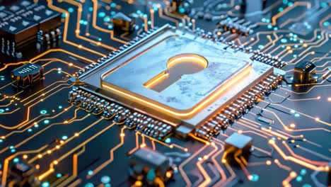 cybersecurity microchip with keyhole symbol on circuit board