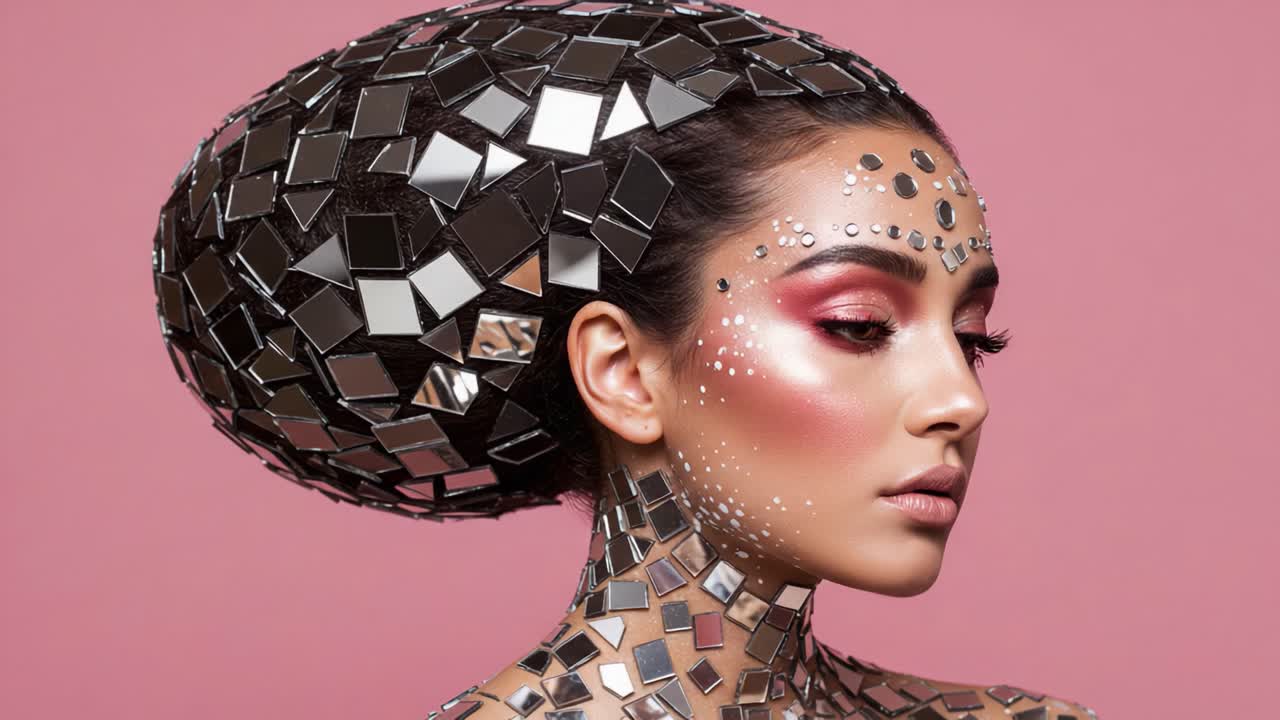 Stunning Artistic Transformation Featuring a Model Adorned with Mirrored Mosaic Hair and Flawless Makeup, Set Against a Soft Pink Background for Striking Visual Impact