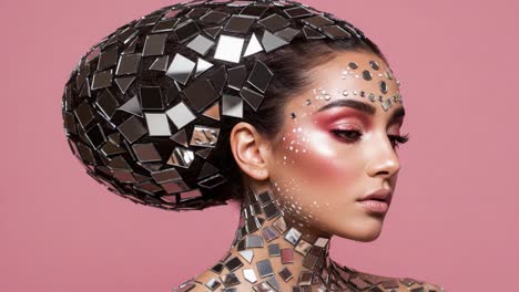stunning artistic transformation featuring a model adorned with mirrored mosaic hair and flawless makeup, set against a soft pink background for striking visual impact