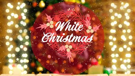 Animation-of-white-christmas-text-over-snow-falling-and-fairy-lights