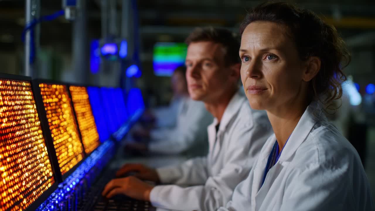 Focused Scientists Analyzing Data on High-Tech Monitors in a Modern Laboratory Setting, Highlighting the Importance of Precision and Collaboration in Research Endeavors