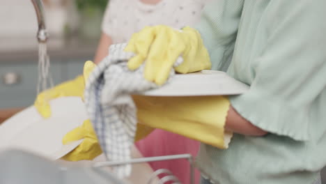 Kitchen,-mother-and-clean-with-girl-in-closeup