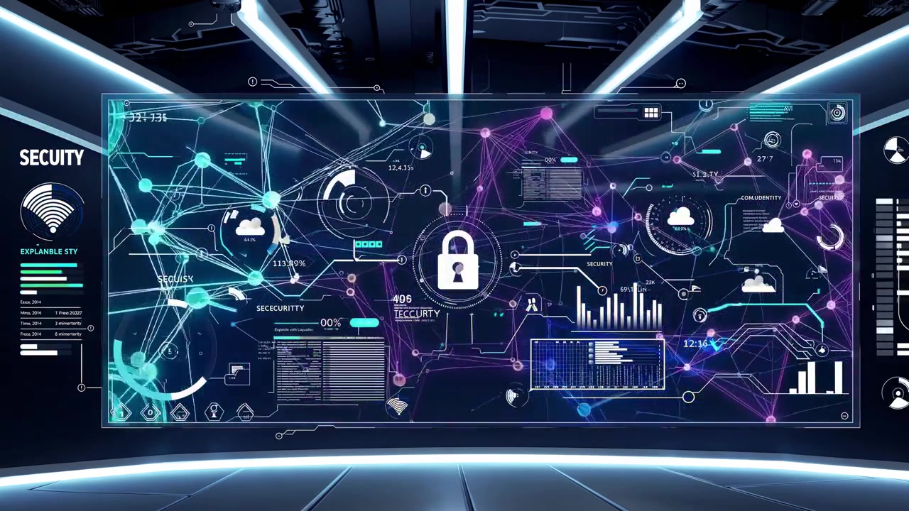 Futuristic Digital Interface Displaying Cybersecurity Network and Data Analysis