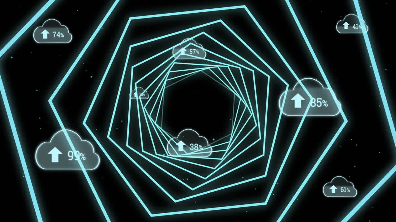 네온 육각형 위에 점점 더 많은 수의 구름의 애니메이션