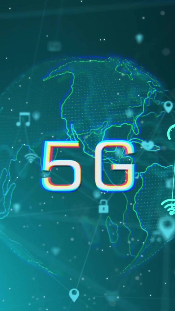 Animazione di una rete di connessioni con icone sopra un globo con 5G su sfondo nero.