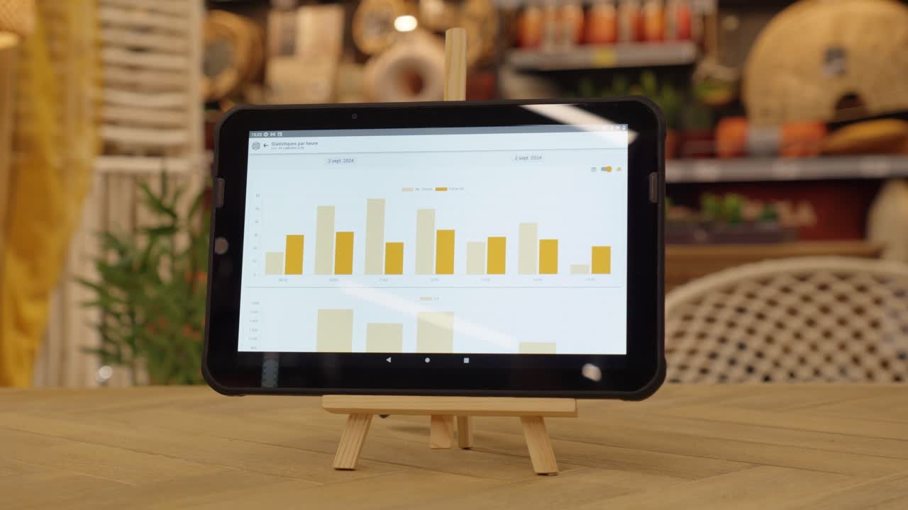 A tablet displaying stock inventory bar charts on a small wooden easel indoors. Concept of retail analytics, product tracking, and digital inventory management.