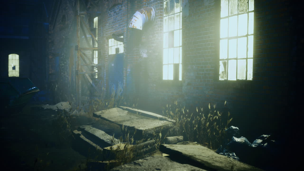 밤에는 무서운 빛으로 조명된 버려진 건물의 탐사