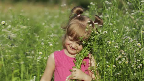 little blonde child girl in pink dress stay on flower chamomile grass meadow. bouquet of daisies