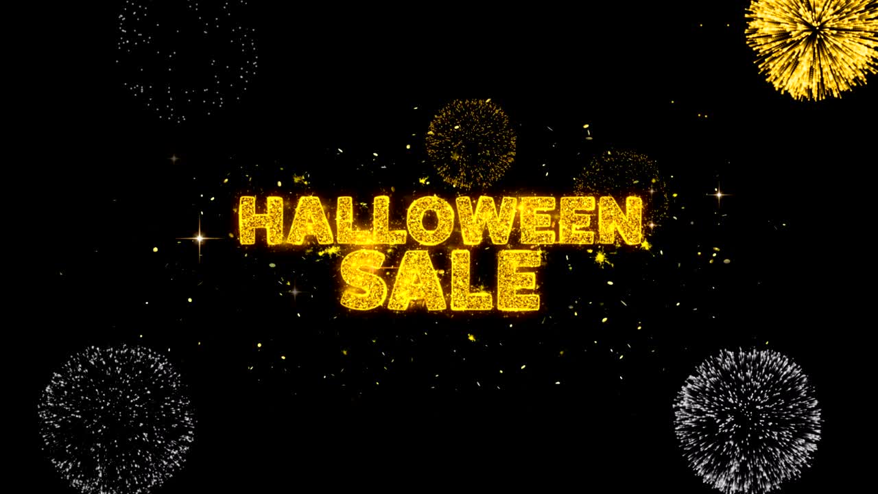 할로윈 판매 텍스트는 반이는 황금 입자 불꽃놀이에 나타납니다.