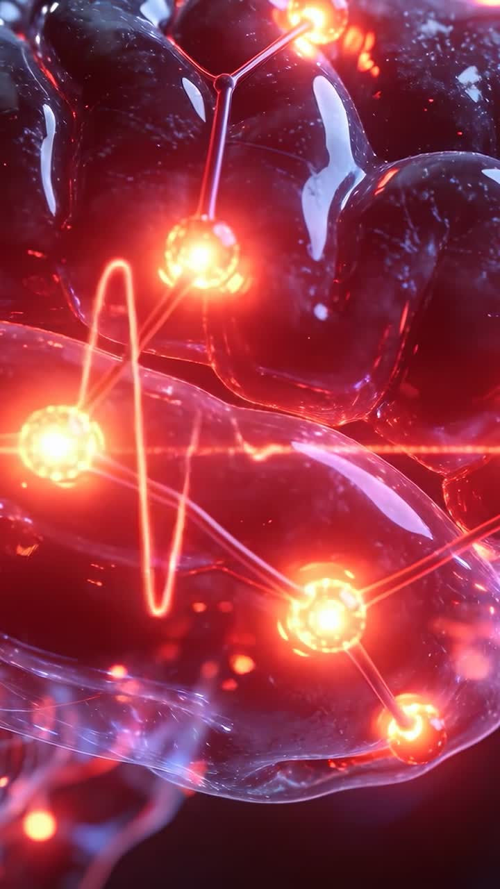 Video verticale: Lobi umidi pulsanti, nodi rossi luminosi come puntini che fluttuano in studio, sincronizzazione dell'onda al neon