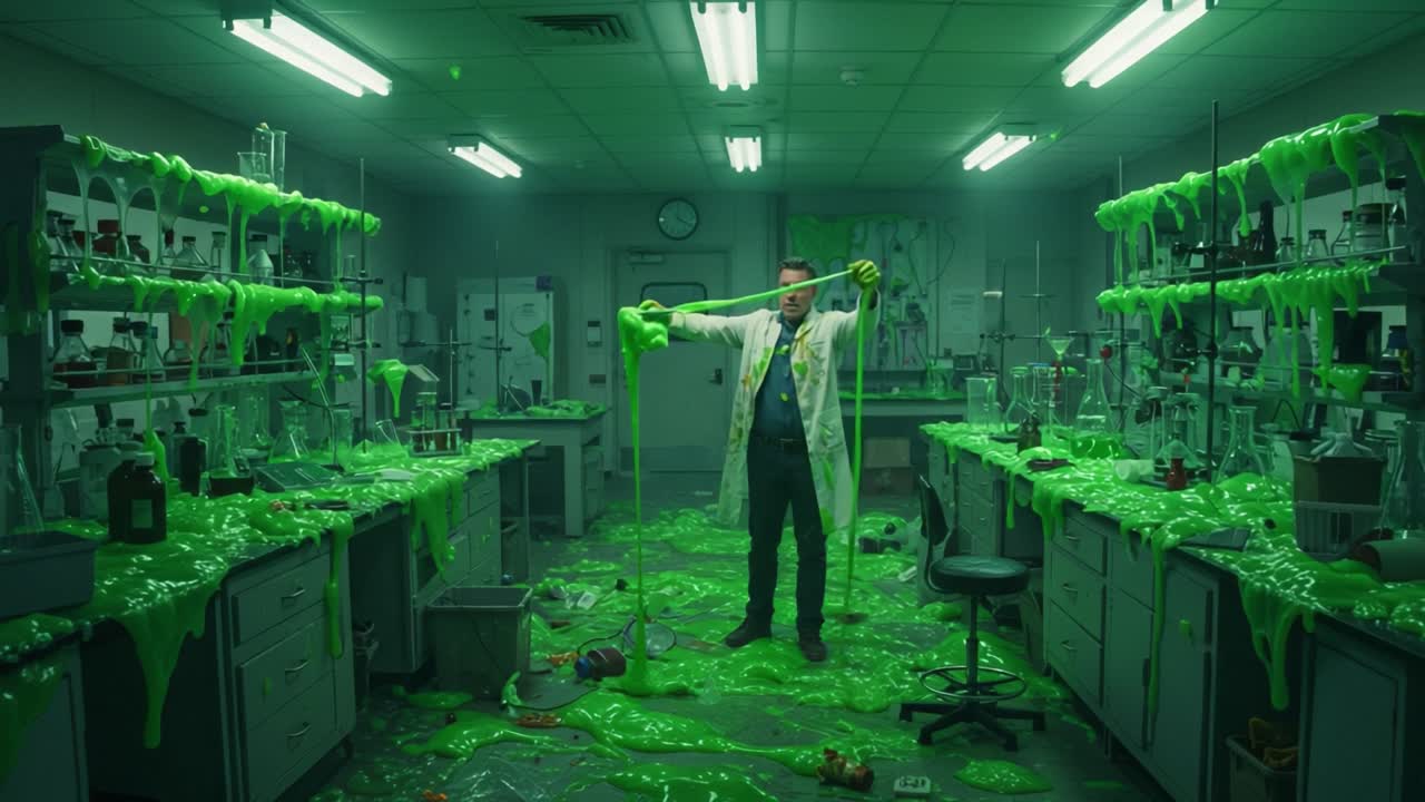 In a chaotic laboratory filled with vibrant green slime, a scientist stands amidst the mess, showcasing the wonders and hazards of experimental science gone awry