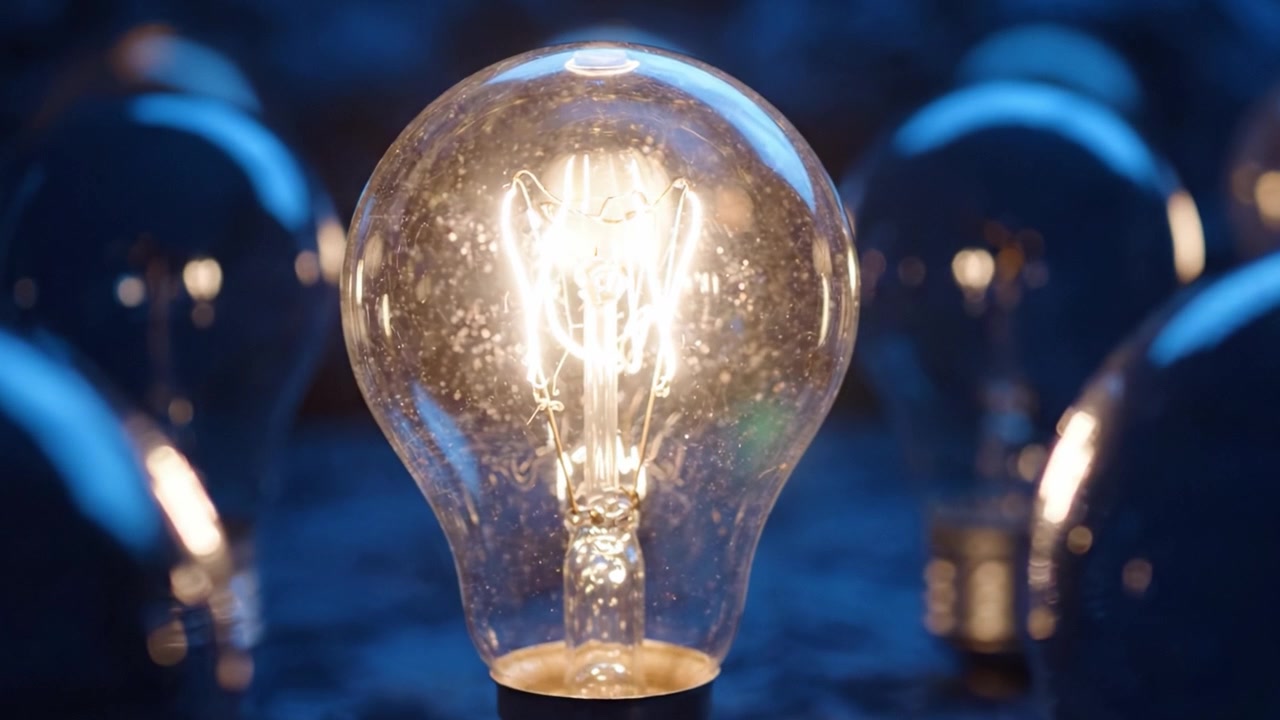 Una spettacolare esposizione di lampadine illuminate che evidenzia il design unico e il bagliore dell'illuminazione vintage, con un accattivante sfondo blu.